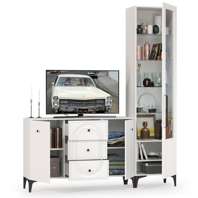 Пенал со стеклом и комод-ТВ-тумба Валенсия цвет белый шагрень