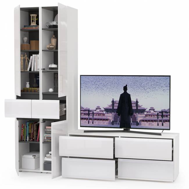 Стенка в гостиную Сидней № 17 цвет белый/чёрный/фасады МДФ белый глянец