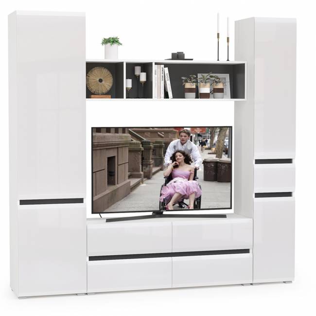 Стенка в гостиную Сидней № 21 цвет белый/чёрный/фасады МДФ белый глянец