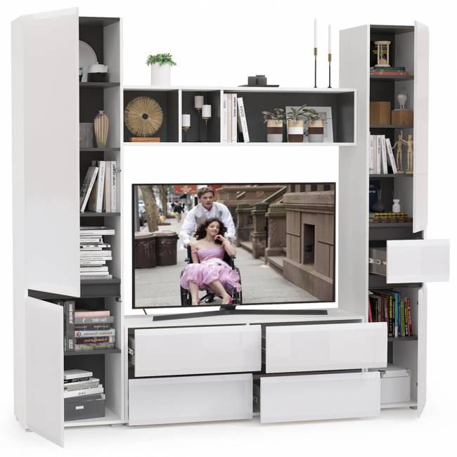 Стенка в гостиную Сидней № 21 цвет белый/чёрный/фасады МДФ белый глянец