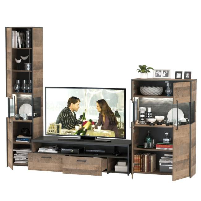 Мебель для гостиной в стиле лофт с подсветкой Трувор № 26 цвет дуб гранж песочный/интра Мебель для гостиной в стиле лофт с подсветкой Трувор № 26 цвет дуб гранж песочный/интра