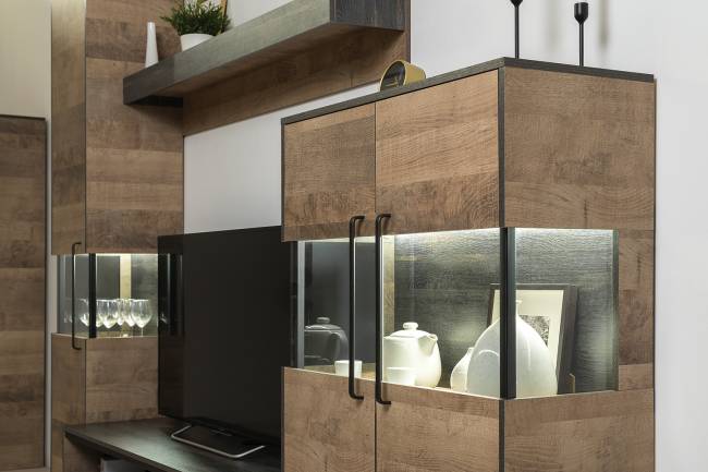 Мебель для гостиной в стиле лофт с подсветкой Трувор № 26 цвет дуб гранж песочный/интра Мебель для гостиной в стиле лофт с подсветкой Трувор № 26 цвет дуб гранж песочный/интра