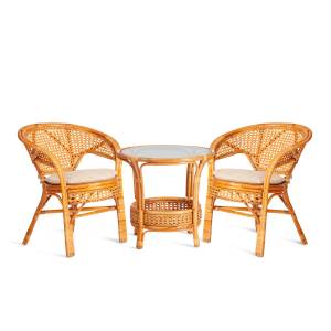 Комплект террасный Пеланги/Pelangi (стол со стеклом + 2 кресла) /с подушками/ ротанг, кресло 65х65х77см, стол диаметр 64х61см, медовый Honey (мед) ротанг
