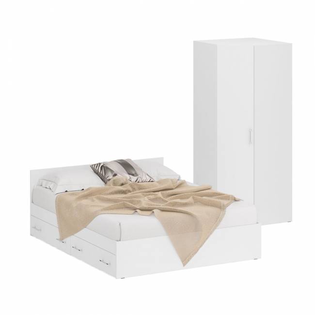 Двуспальная Кровать белая с ящиками 1600 с угловым шкафом Стандарт цвет белый