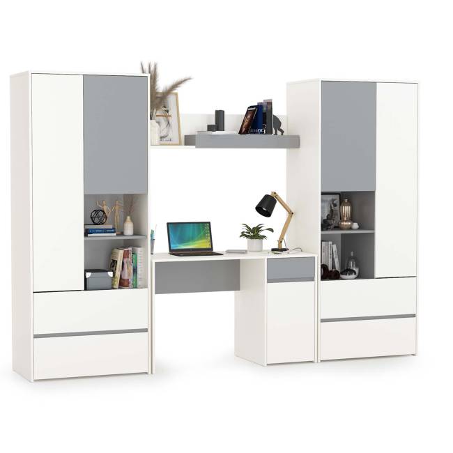 Стол компьютерный с двумя шкафами и навесной полкой Торонто цвет белый шагрень/стальной серый