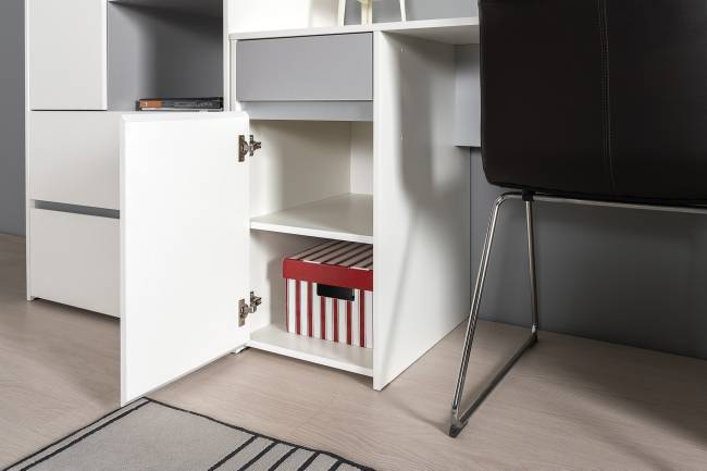 Стол компьютерный с двумя шкафами и навесной полкой Торонто цвет белый шагрень/стальной серый