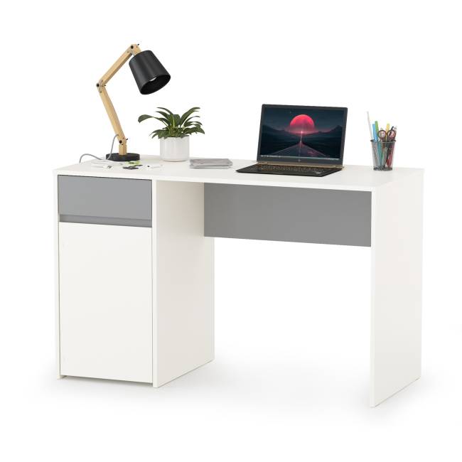 Стол компьютерный с двумя шкафами и навесной полкой Торонто цвет белый шагрень/стальной серый