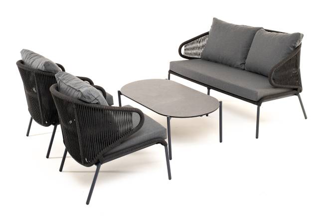 "Милан" лаунж-зона 4-местная плетеная из роупа (веревки), каркас алюминиевый темно-серый, роуп темно-серый "Милан" лаунж-зона 4-местная плетеная из роупа (веревки), каркас алюминиевый темно-серый, роуп темно-серый