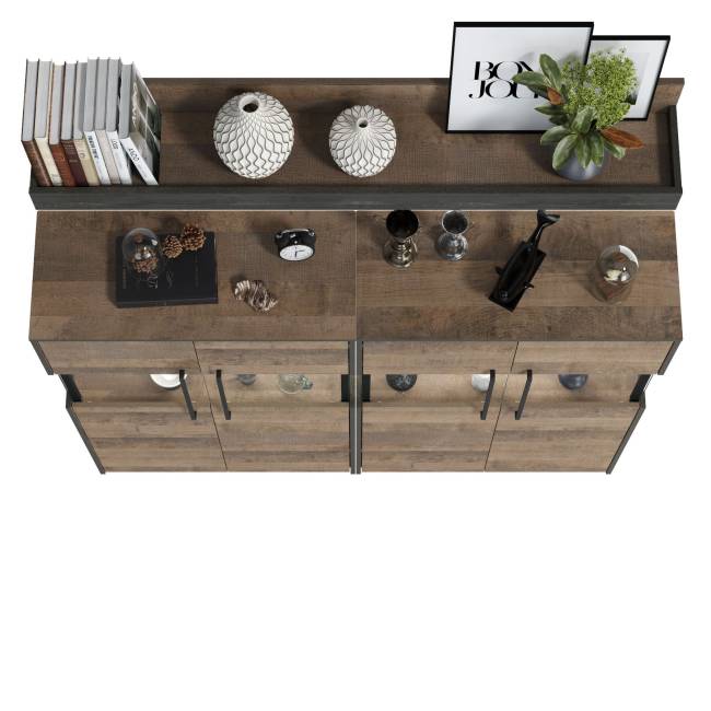 Два комода с витриной с подсветкой и навесная полка Трувор цвет дуб гранж песочный/интра Два комода с витриной с подсветкой и навесная полка Трувор цвет дуб гранж песочный/интра