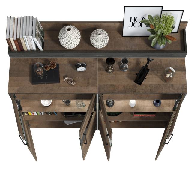 Два комода с витриной с подсветкой и навесная полка Трувор цвет дуб гранж песочный/интра Два комода с витриной с подсветкой и навесная полка Трувор цвет дуб гранж песочный/интра