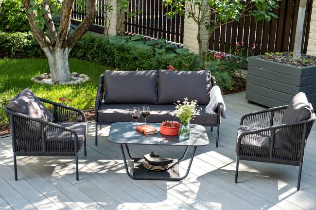 "Канны" диван 2-местный плетеный из роупа, каркас алюминий темно-серый (RAL7024) муар, роуп темно-серый круглый, ткань темно-серая 027 "Канны" диван 2-местный плетеный из роупа, каркас алюминий темно-серый (RAL7024) муар, роуп темно-серый круглый, ткань темно-серая 027