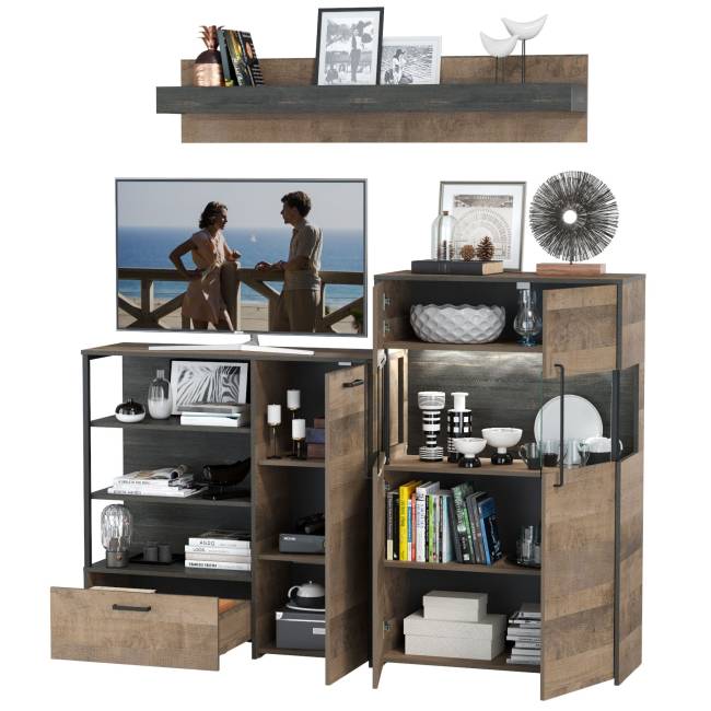 Комод с витриной с подсветкой и комод с дверкой и ящиком Трувор цвет дуб гранж песочный/интра Комод с витриной с подсветкой и комод с дверкой и ящиком Трувор цвет дуб гранж песочный/интра