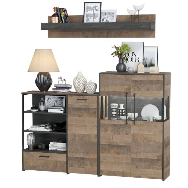 Комод с витриной с подсветкой и комод с дверкой и ящиком Трувор цвет дуб гранж песочный/интра Комод с витриной с подсветкой и комод с дверкой и ящиком Трувор цвет дуб гранж песочный/интра