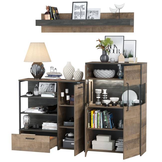 Комод с витриной с подсветкой и комод с дверкой и ящиком Трувор цвет дуб гранж песочный/интра Комод с витриной с подсветкой и комод с дверкой и ящиком Трувор цвет дуб гранж песочный/интра