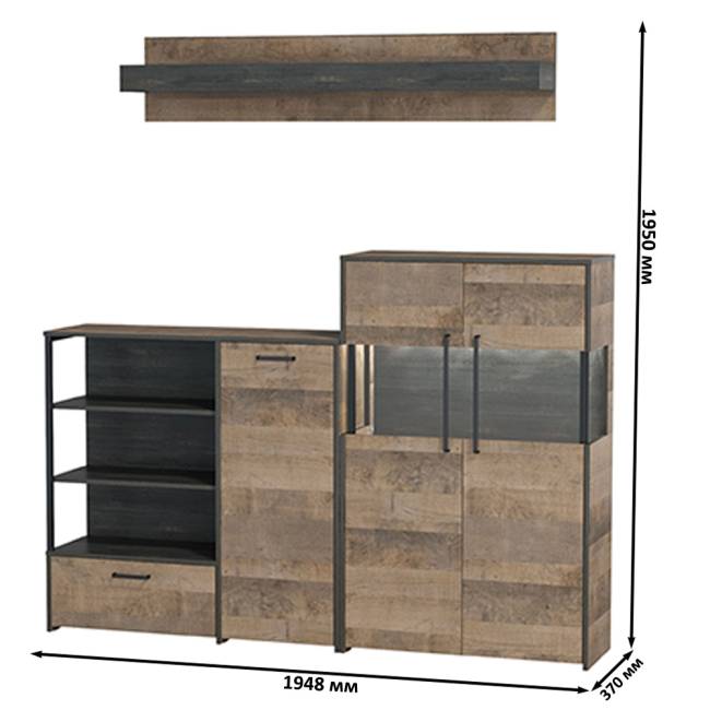 Комод с витриной с подсветкой и комод с дверкой и ящиком Трувор цвет дуб гранж песочный/интра Комод с витриной с подсветкой и комод с дверкой и ящиком Трувор цвет дуб гранж песочный/интра
