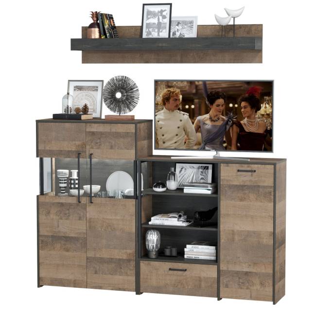 Комод с витриной с подсветкой и комод с дверкой и ящиком Трувор цвет дуб гранж песочный/интра Комод с витриной с подсветкой и комод с дверкой и ящиком Трувор цвет дуб гранж песочный/интра