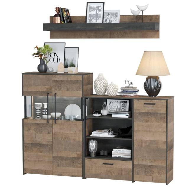 Комод с витриной с подсветкой и комод с дверкой и ящиком Трувор цвет дуб гранж песочный/интра Комод с витриной с подсветкой и комод с дверкой и ящиком Трувор цвет дуб гранж песочный/интра