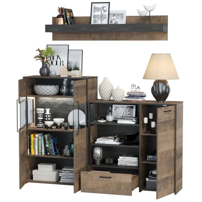 Комод с витриной с подсветкой и комод с дверкой и ящиком Трувор цвет дуб гранж песочный/интра Комод с витриной с подсветкой и комод с дверкой и ящиком Трувор цвет дуб гранж песочный/интра