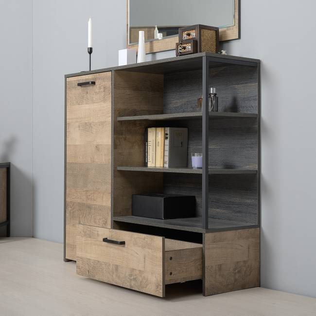 Комод с витриной с подсветкой и комод с дверкой и ящиком Трувор цвет дуб гранж песочный/интра Комод с витриной с подсветкой и комод с дверкой и ящиком Трувор цвет дуб гранж песочный/интра