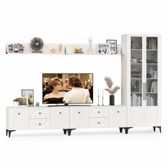 Две навесных полки с ТВ-тумбами и сервантом Валенсия цвет белый шагрень Две навесных полки с ТВ-тумбами и сервантом Валенсия цвет белый шагрень