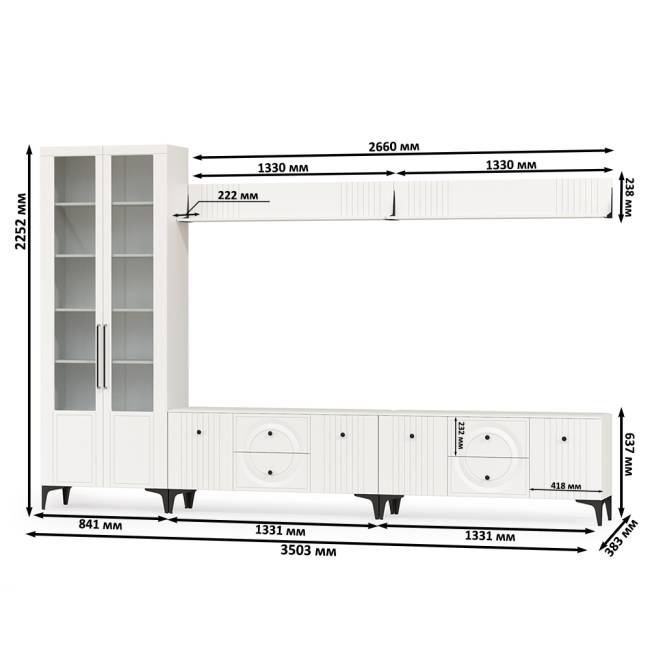 Две навесных полки с ТВ-тумбами и сервантом Валенсия цвет белый шагрень Две навесных полки с ТВ-тумбами и сервантом Валенсия цвет белый шагрень